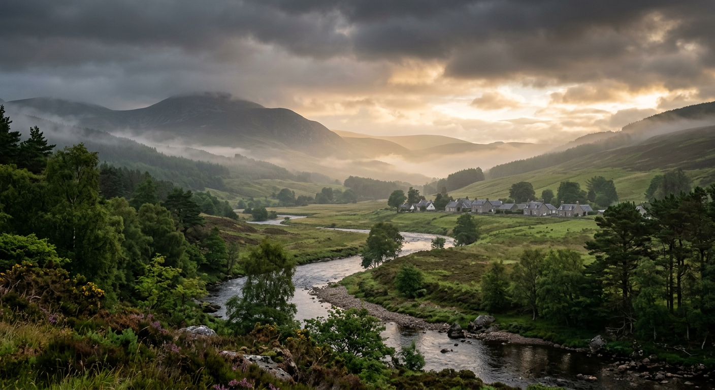 Rolling hills and the River Dee in Royal Deeside, Aberdeenshire